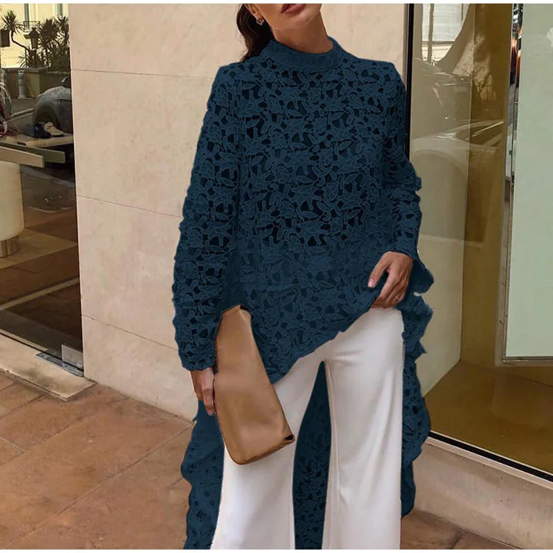 Women Lace Hollow Out Shirts Long Sleeve Irregular Stand Collar Female Loose Blouses 2019 Summer Lady Elegant Solid Beach Tops