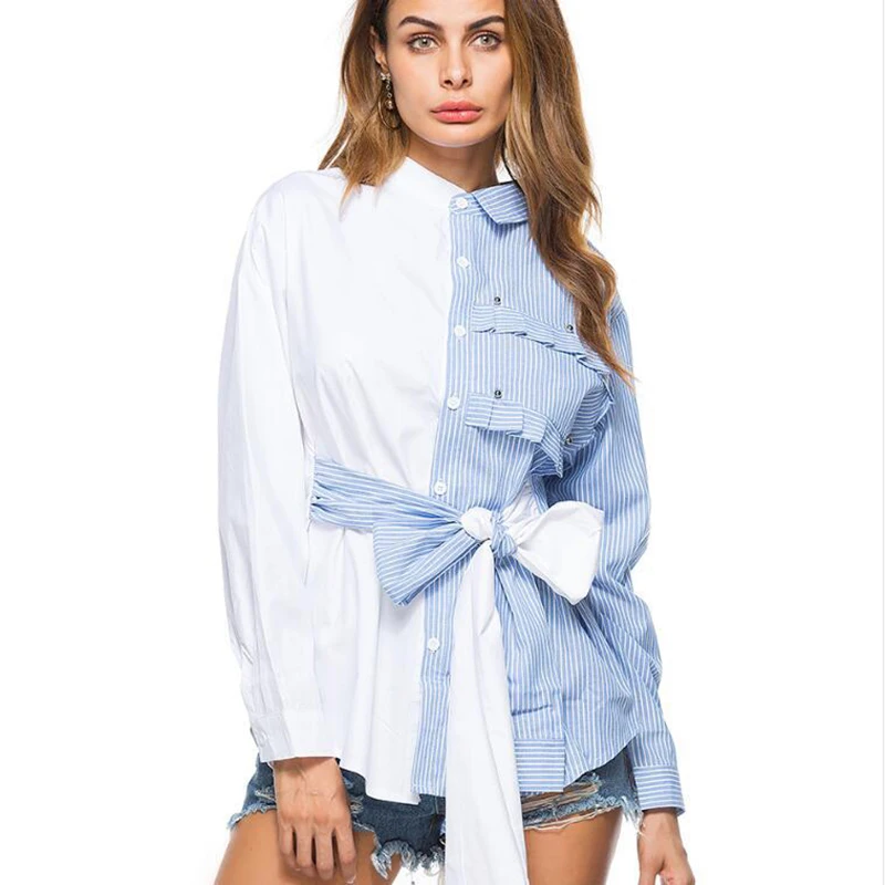 

Women 'S Shirt Turn down Collar Long Sleeve Striped Patched Sash Shirt 2019 New Style Women Good Quality European And American F