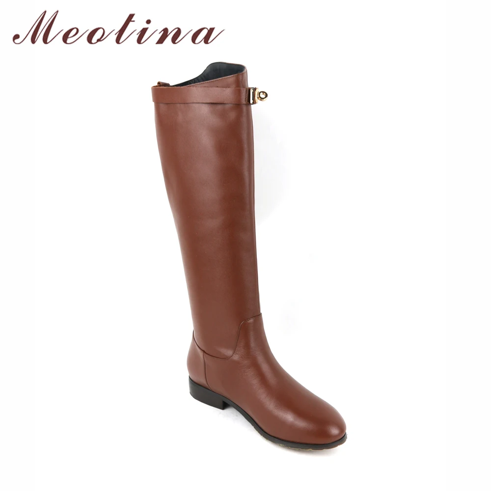 Meotina/женские сапоги в жокейском стиле из натуральной кожи; сапоги до колена на низком каблуке; мотоботы; брендовая дизайнерская Осенняя женская обувь; цвет коричневый