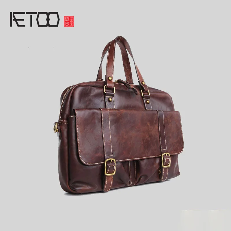 

BJYL Men's leather handbag vintage cowhide Briefcase Leisure Business Computer Pack