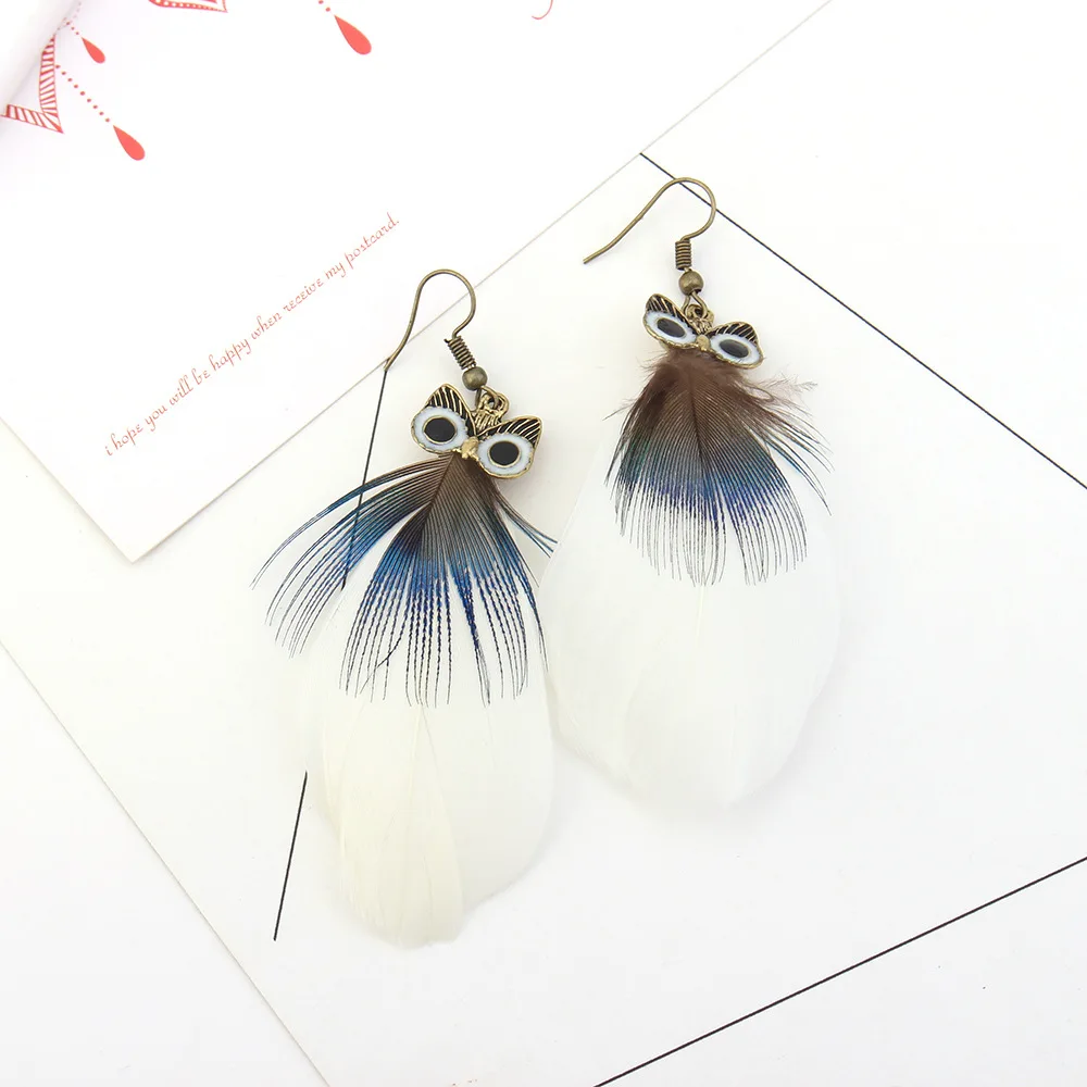 European and American temperament national style peacock feathers long earrings Exaggerated creative owl tassel earrings