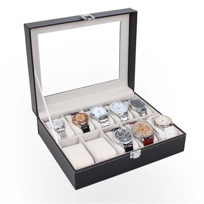

2017 Luxury Brand cases for watches Black Watch Display Box Faux Leather 10 Slots Display Box Storage Holder Organizer Case
