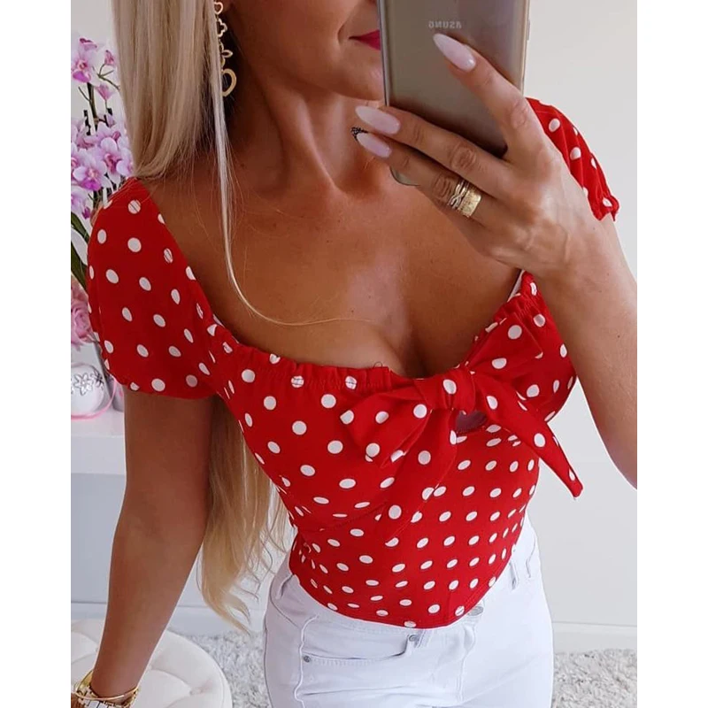 

Summer White Dot Short Women Tops Short Sleeve Crop Tops Female Blouse Lace Up 2019 Red Polka Dot Blouses Cute Bow Casual Shirts