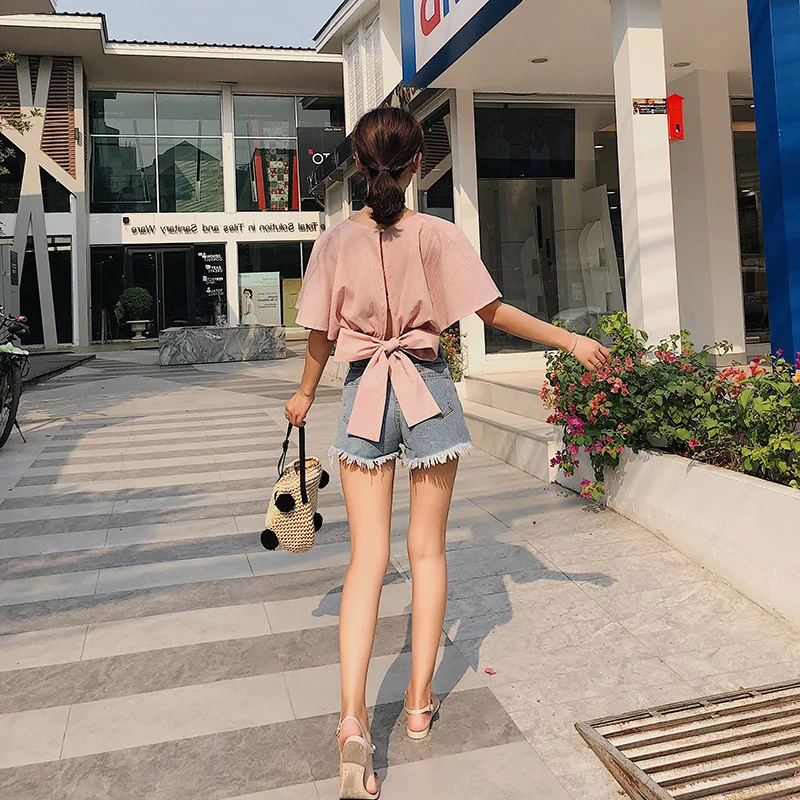 2018 summer women short flare sleeve short top sexy wrap v neck blouse female vacation lace up bow tie crop shirt top
