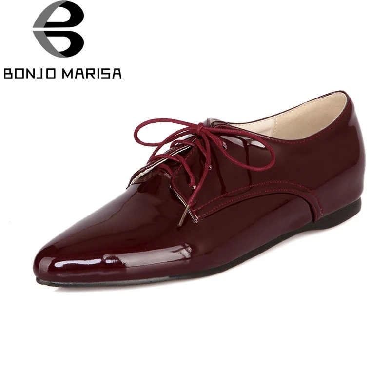 

BONJOMARISA Lace Up Lace Up Patent Upper British Style Women's Oxfords Black Blue White Wine-red Shoes Woman Big Size 34-43
