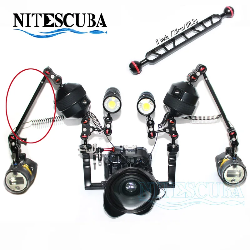 Nite Scuba Diving light arm system 9 inch Aluminum double ball adapter
