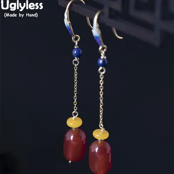 

Uglyless 100% Real 925 Sterling Silver Bohemia Long Earrings for Women Agate Dangle Earrings Enamel Leaf Brincos Ethnic Jewelry