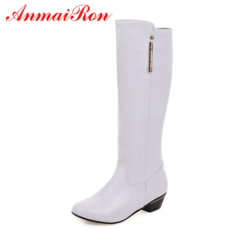 

ANMAIRON High Heel Boots Women Slip-on Long Boots Female Shoes Woman Black White Gray Colors Fashion Boots Square Heel Boots