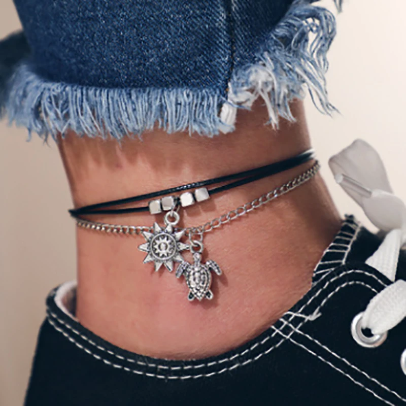 

Mling Fashion Simple Anklet For Women Sun Turtle Anklet Summer Beach Anklets Double Layer Chain Foot Bracelet Bohemian Jewelry 5