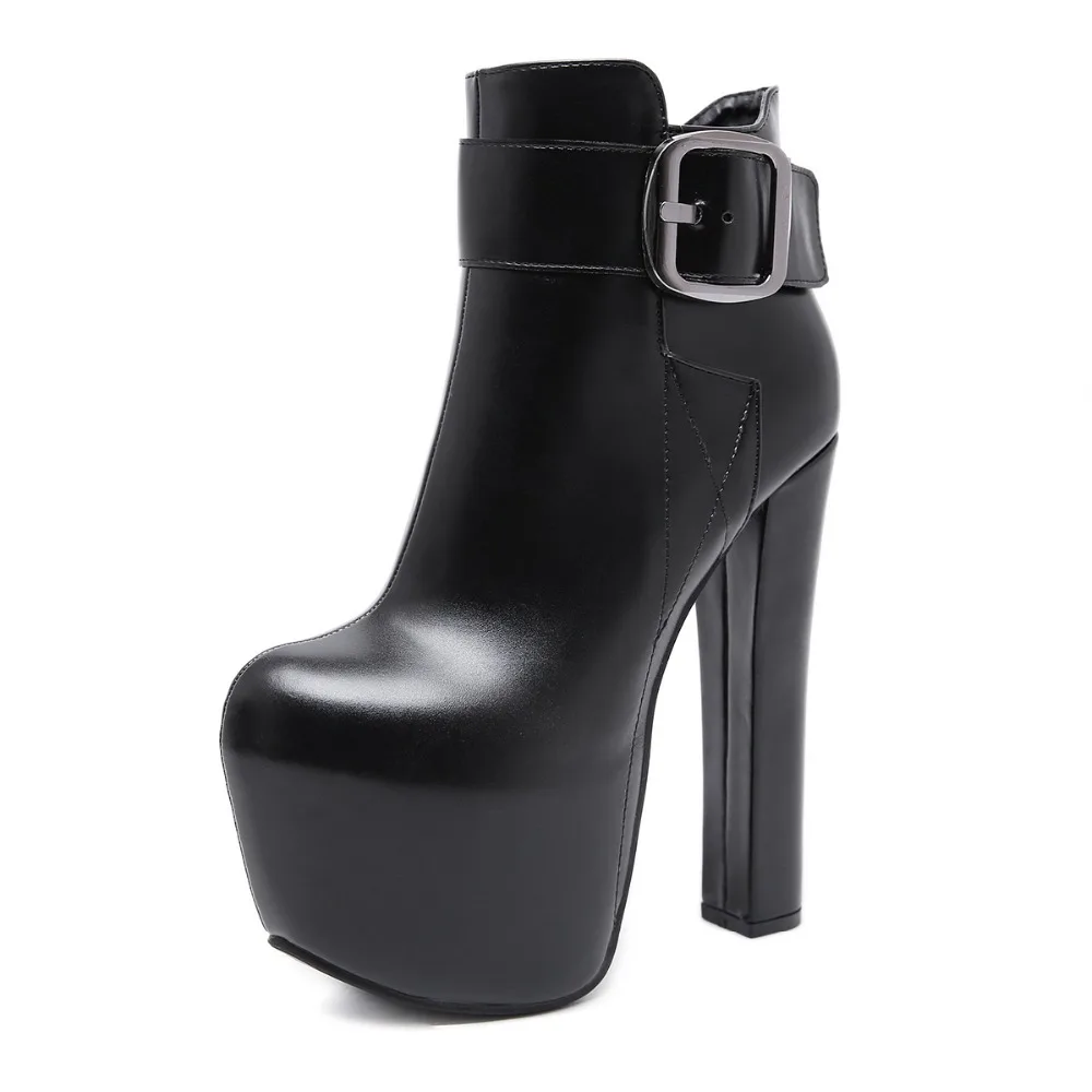 

Mujer Black Platform Boots Super High Heels 16.5cm Zipper Short Plush Rome Style Botas Belt Buckle Ankle Boots