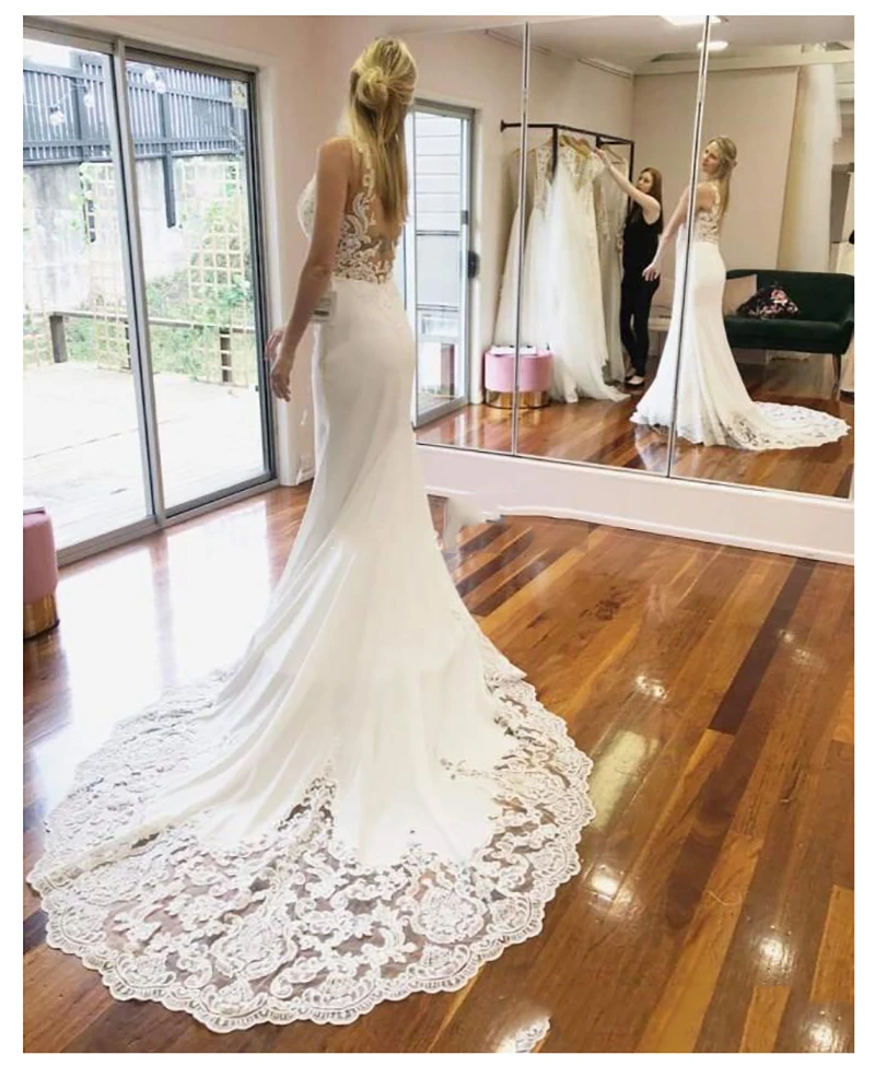 2019 White Ivory Wedding Dresses Lace Appliques Mermaid Bridal Gown Custom Size 