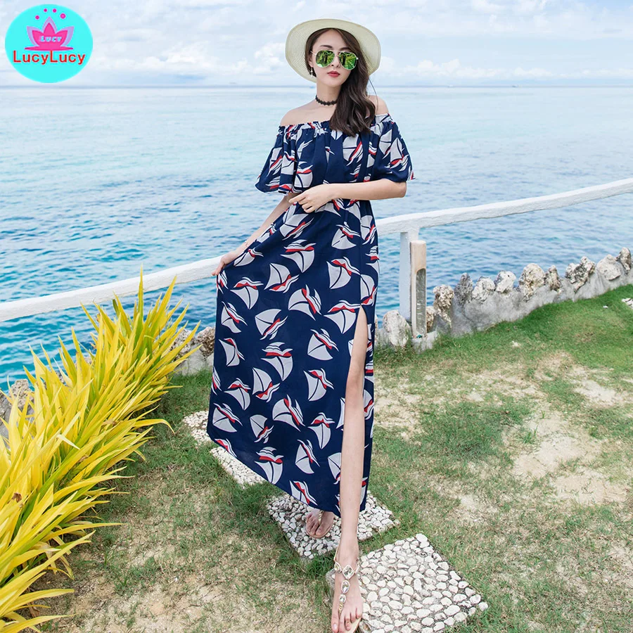 2019 new summer women's bohemian beach ruffled word collar split sexy dress Off the Shoulder  Print  Short  Beach Style
