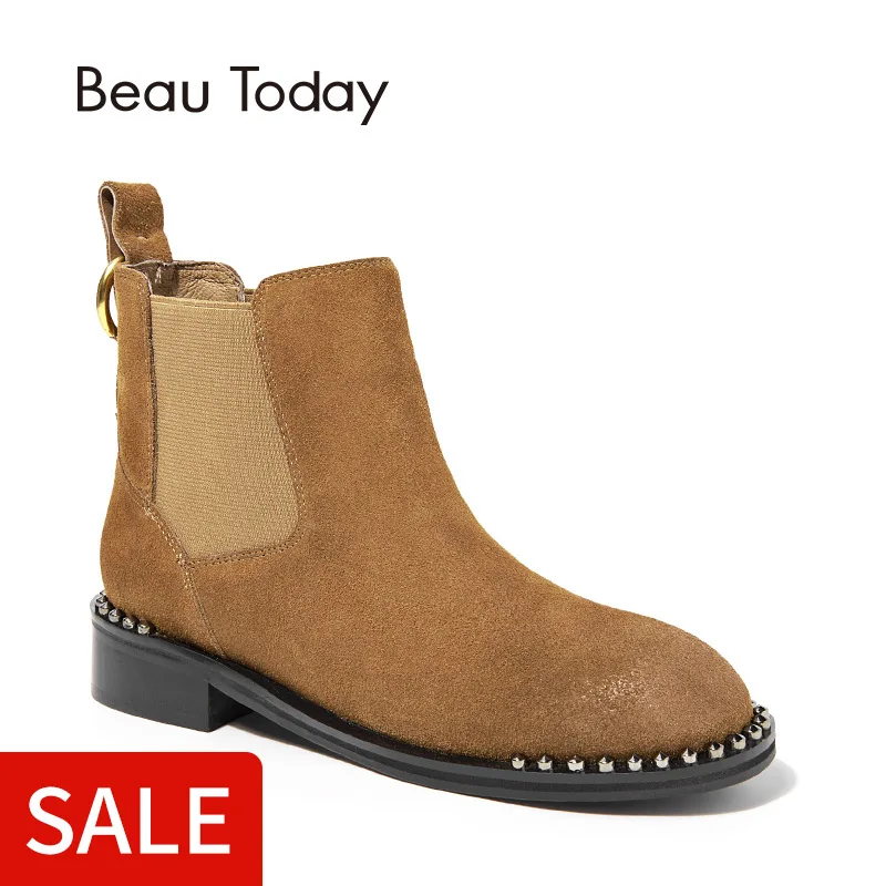 

BeauToday Chelsea Boots Women Handmade Genuine Leather Cow Suede Boot Band Round Toe Ankle Metal Decoration Lady Shoes 03057