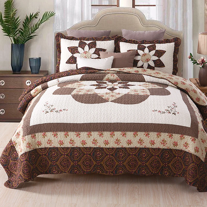 Best Vintage Bedspreads Quilt Set 3 Pieces Handmade Patchwor Cotton Quilts Pillowcase Quilted Bed Cover King Queen Size Coverlet Sets