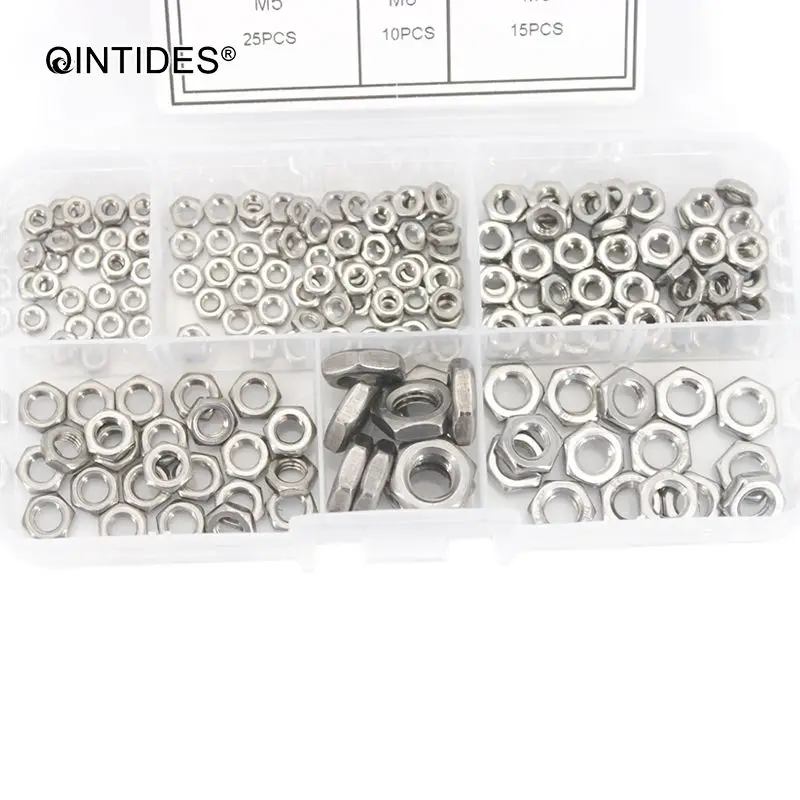 QINTIDES 200 штук шестигранные тонкие гайки M2.5 M3 M4 M5 M6 M8 304 нержавеющая сталь гайка GB6172.1