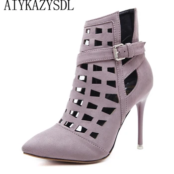 

AIYKAZYSDL Sexy Women Pumps Stilettos Buckle Strap Cut Out Caged Ankle Boots Thin High Heels OL Shoes Hollow Bootie Gladiator