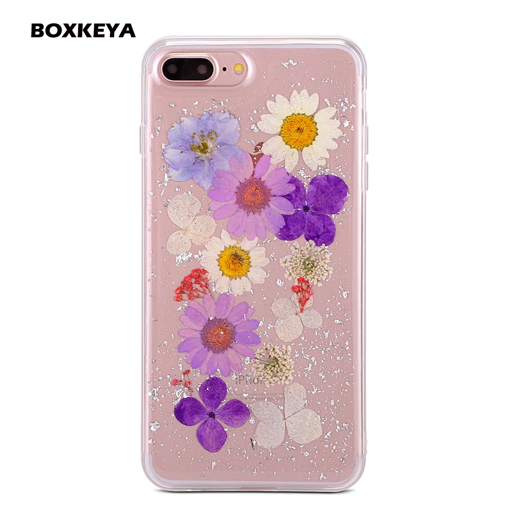 100% Handmade Natural Foil Bling Real Dried Flowers Cases For iphone X 6 6S 7 8 Plus Case Clear Soft TPU Phone Back Cover Coque |