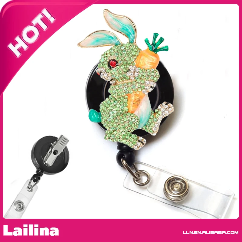 

Rhinestone Retractable Badge Reel/ ID Badge Holder / Brooch / Pendant / Id Badge Holder (Rabbit with carrot )