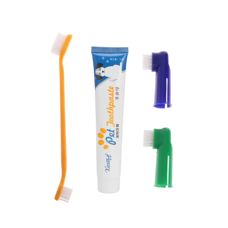 4Pcs Pet Dog Cat Puppy Toothpaste Toothbrush Back Up Brush Set Kit