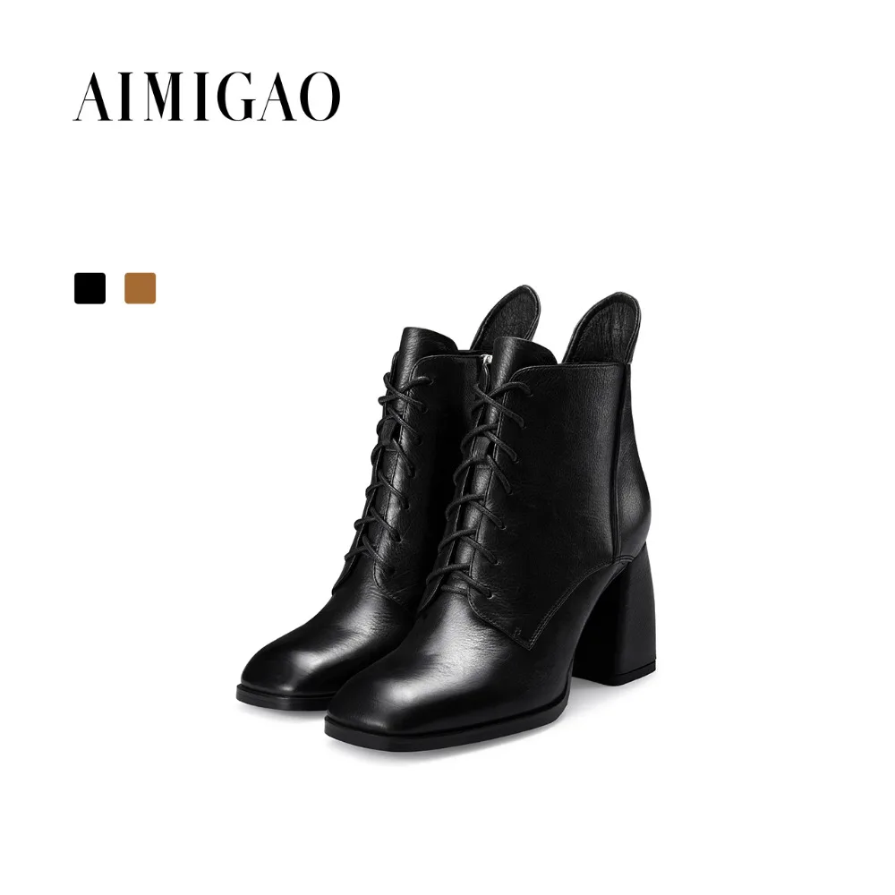 

AIMIGAO Genuine Leather square head thick high-heeled boots women side zipper fashion lace-up ankle boots 2017 autumn winter new