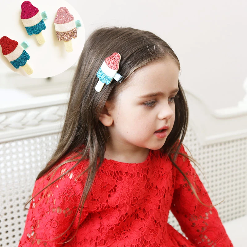 

3pc/lot Glitter Summer Ice Cream Hair Clip Glitter Pink Ice-lolly Barrette Dessert Frozen Sucker Grips Ice-sucker Food Hairpin
