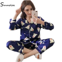 Smmoloa Женская Весенняя Шелковая пижама с длинными рукавами с рисунком из мультфильма, Шелковый атласный комплект пижамы