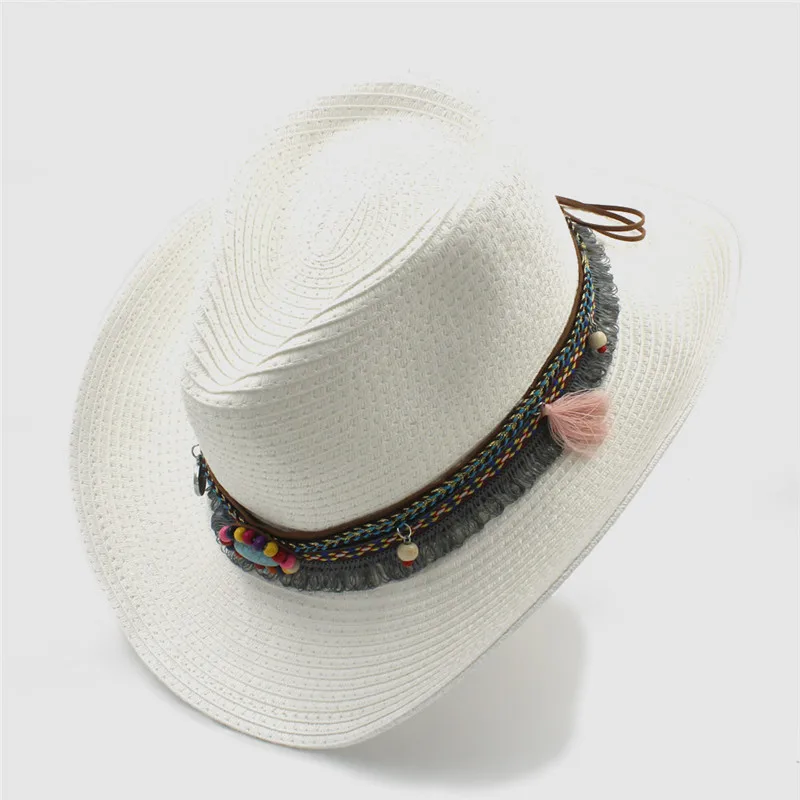 Для женщин Для мужчин летние Соломенные Ковбойские шляпа с Roll Up широкими полями Джаз Dad Hat кисточкой сомбреро Защита от солнца Hat - Цвет: White