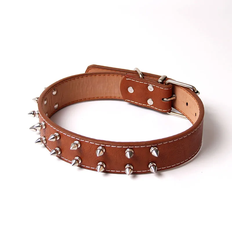 New Fashion Brown Studded Best Genuine Leather Rivet Pet Dog Collars For Small Medium Dogs Easy
