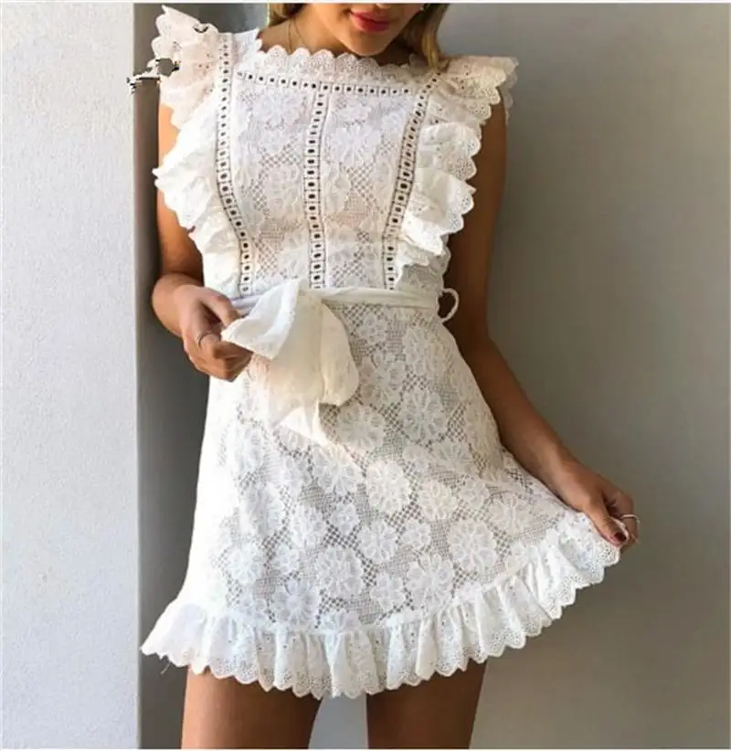 

Boho Embroidery White Lace Women Mini Dress Hollow Out Sashes Ruffled Holiday Summer Dress Casual Sexy Beach Dress Vestidios