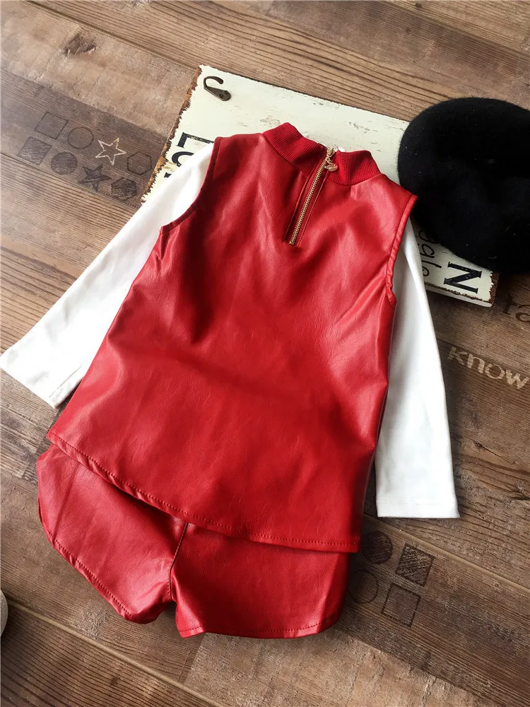 

PU leather baby girls clothing sets children vest top leather girls pants fashion kids clothes sets girls suits outfits spring
