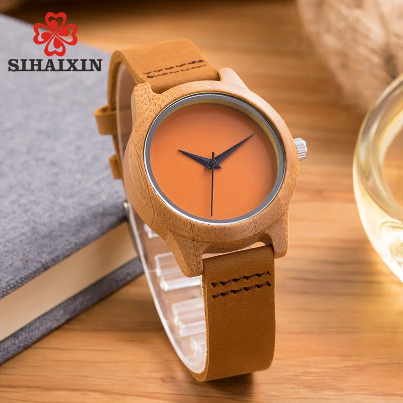 

SIHAIXIN Ladies Clock Casual Bamboo Wooden Watch Female Small Leather Designer 2018 Brand Luxury Woman Watches Free Shipping