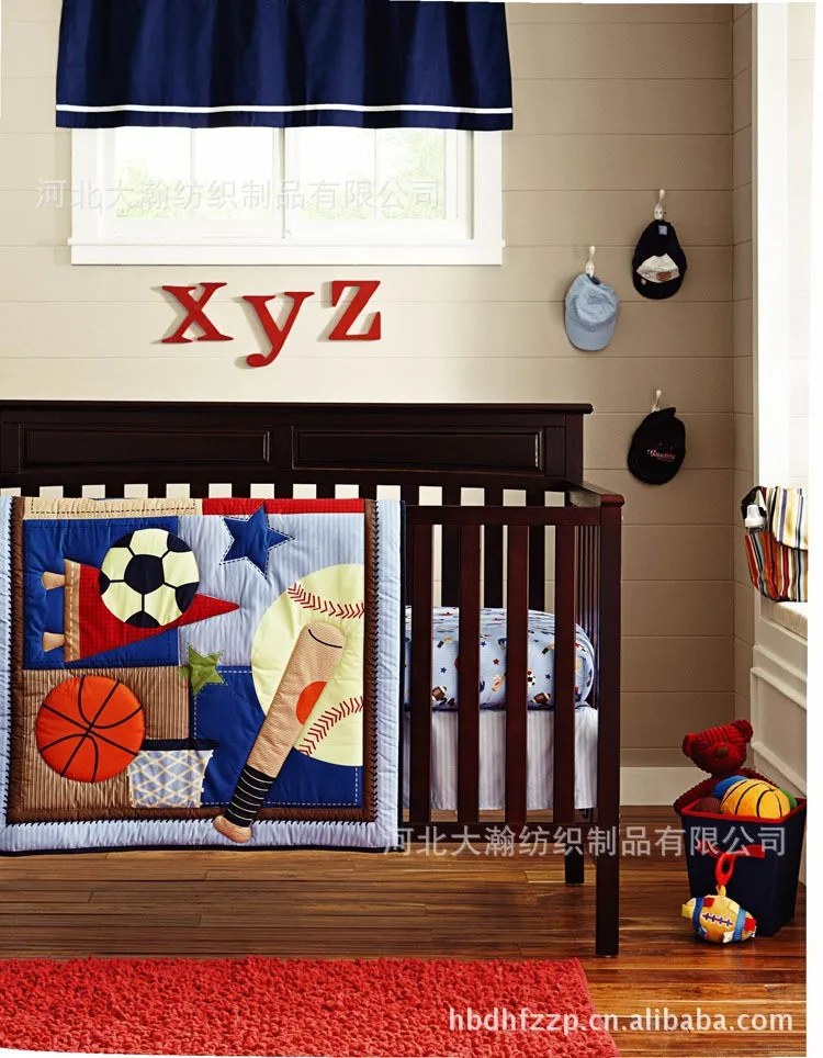 

Promotion! 6PCS Baby Cot Crib Bedding Sets Embroidered 3d Sports Quilt Bumpers Sheet Skirt Bed linen (bumper+duvet+bed cover)