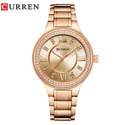 Топ Элитный бренд CURREN Модные женские туфли часы Женская обувь нержавеющая сталь Часы розовое золото Diamond Кварцевые водонепроницаемые