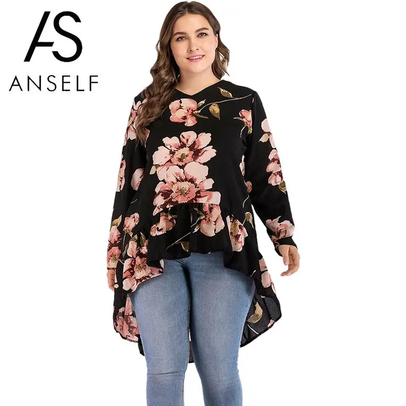 

Women Blouse Shirts Floral Print V-Neck Long Sleeve Asymmetry Hem Loose Korean Fashion Long Tops female tunics Plus Size 3XL 4XL