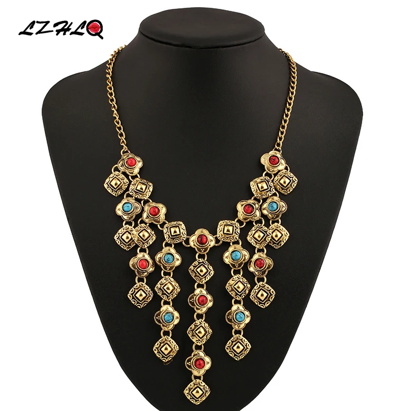 

LZHLQ Vintage Carved Blue Stone Pendant Necklaces 2020 New Fashion Women Bohemian Tassel Statement Maxi Jewelry Plated Necklace