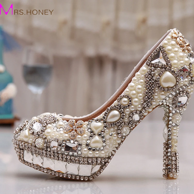 Nightclub Party Wedding Shoes Rhinestone Platform High Heels Crystal Diamond Bridal Pumps Women Pearl Prom Shoes Size 33-43