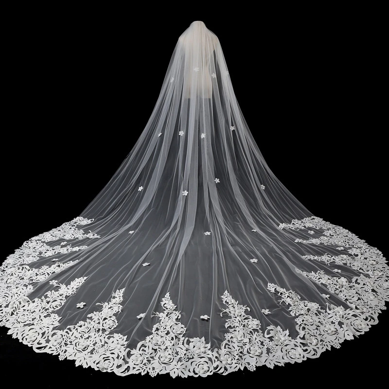 

High quality Real Photos applique 3M Long Bridal Finale Soft Tulle Lace edge Cathedral Shining Wedding Veil New Bridal Veil