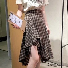 2 цвета S-L миди юбка женская клетчатая высокая Талия Длинные Юбки Женская Весна Лето Юбка оборки асимметричные юбки для женщин s(X534