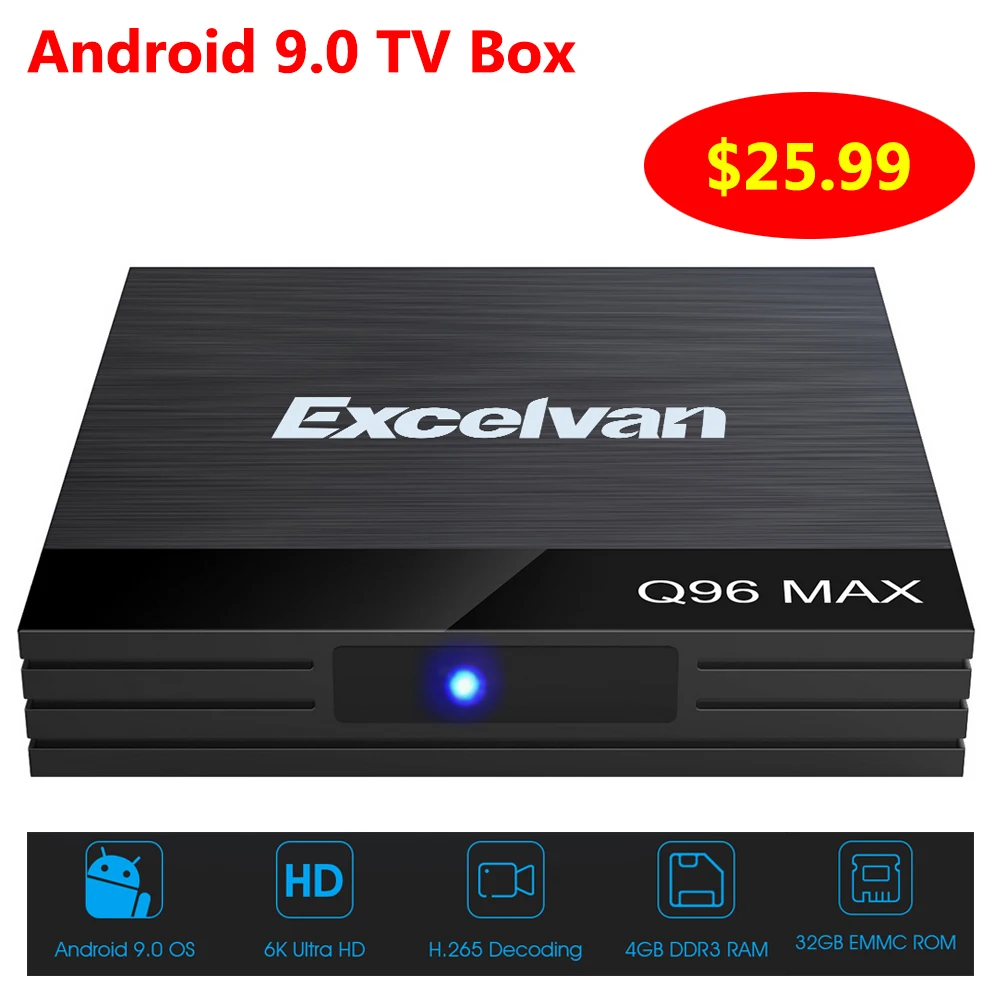 

Excelvan Q96 Max Android 9.0 TV Box 4GB RAM + 32GB ROM Allwinner H6 USB 3.0 100Mbps 2.4G WiFi H.265 HDMI Media Player