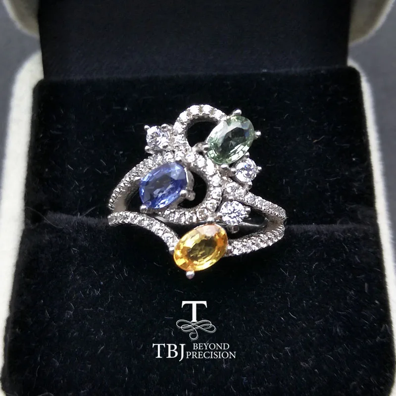 

TBJ, Natural heated fancy color sapphire 3 pieces of oval 4*6mm 1.5 gemstone Ring in 925 sterling silver for women with gift box