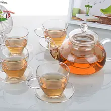 1х термостойкий стеклянный чайный набор-635 мл Цветочный чайный горшок с фильтром и художественной крышкой+ 4 набора 140 мл чайных чашек и блюдец