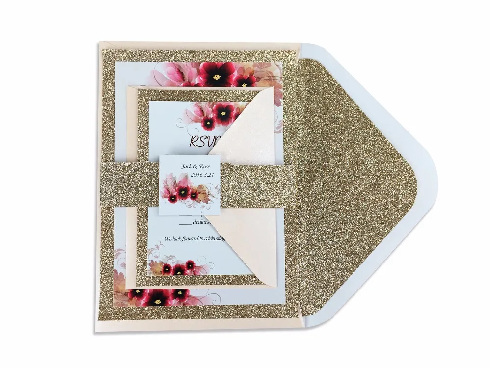  30pcs/lot glitter liner envelop with red flower invitation and RSVP set ( including belly band and  - 32673264862