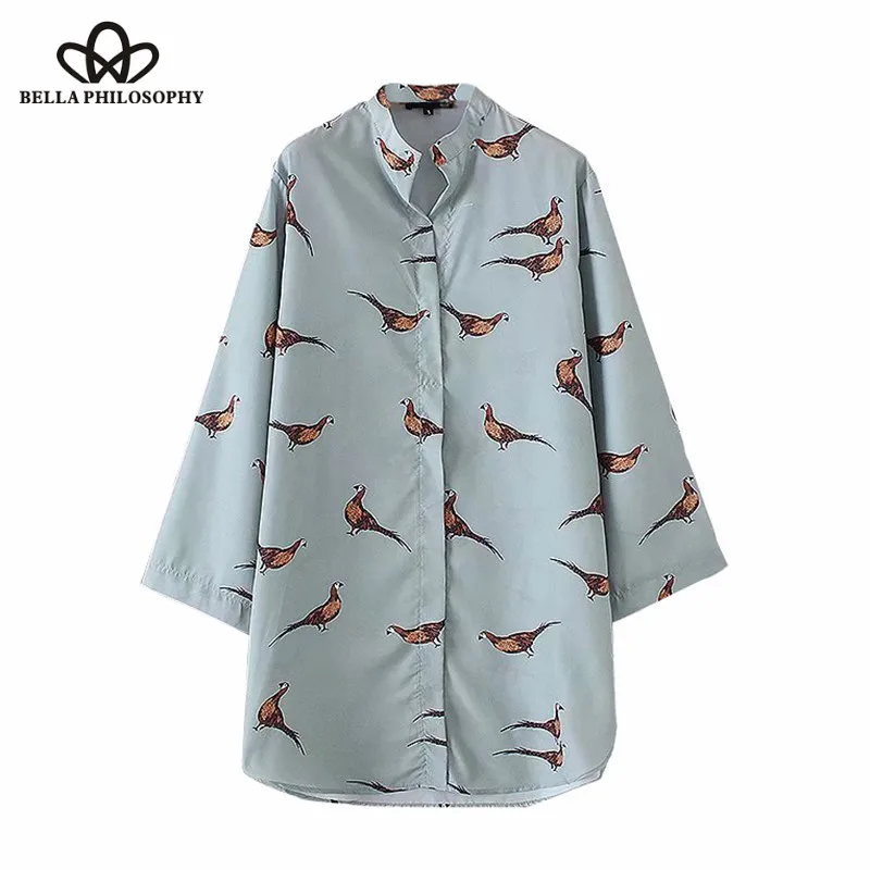 Wonder 2018 new autumn Vintage Flowy Bird Print Long Tops Blouses Stand Collar Long Sleeve Side Vents Shirts Casual Blusas Mujer