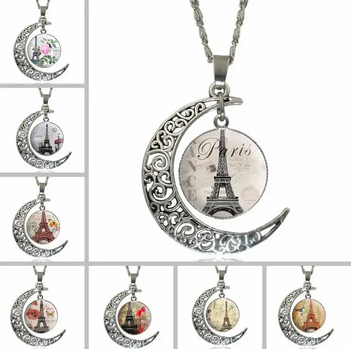 

Women Retro Moon and Paris Eiffel Tower Crystal Stone Chain Necklace Pendant Steampunk Jewelry