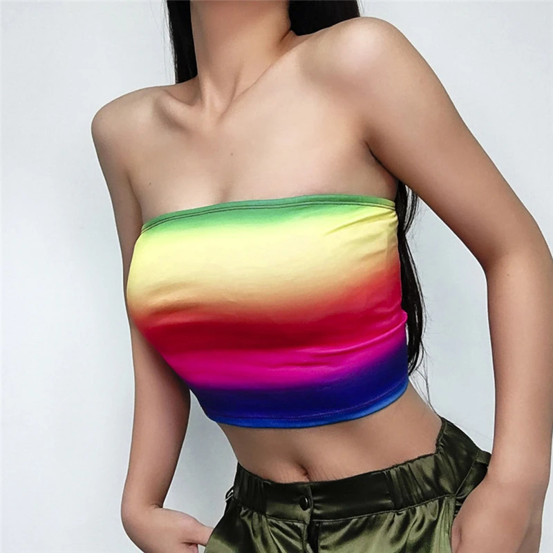 

Summer Women Casual Off Shoulder Sexy Strapless Tube Top Ladies Sleeveless Soft Tank Tops Rainbow Print Crop Tops Clubwear