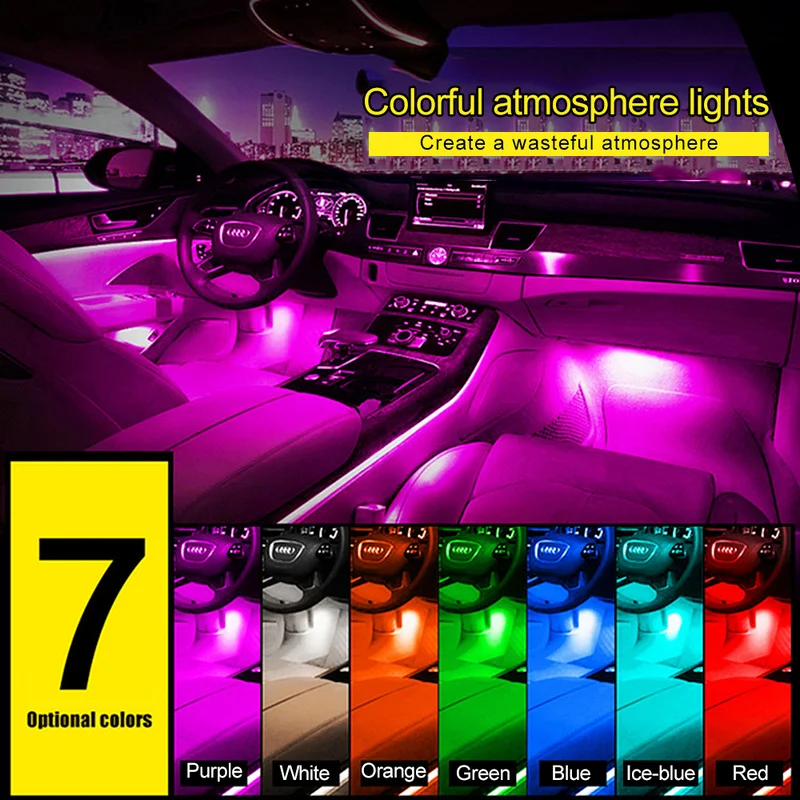 

Auto Interior LED Decorative Light Bar Voice-Activated Neon Lights RGB Light Strip Car Light Two Interfaces Car Accessories