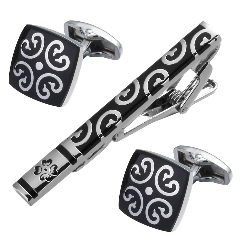 A Black Enamel Silver Tie Clip pattern Cufflinks Gift Set men shirt Cufflinks tie clip tie