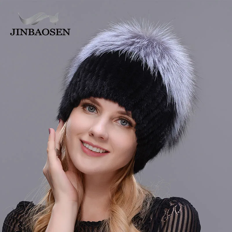 Kopen JINBAOSEN 2018 vrouwen winter nertsen bontmuts real silver fox fur warm ski cap natuurlijke bont knit fur cap brand fashion Russische stijl