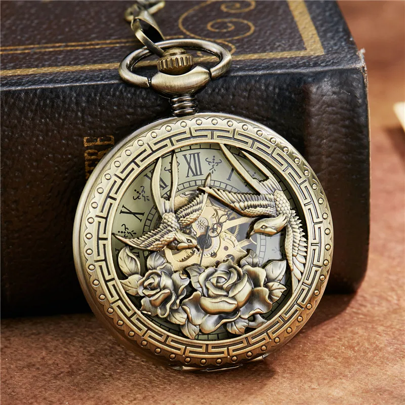 

Vintage Flower Phoenix Carving Roman Dial Mehanical Pocket Watch FOB Chain Hand Wind Mechanical Mens Women Wedding Gift Watch