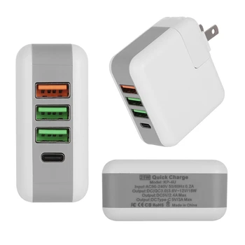 

New 4 Port USB Type-C QC 3.0 Fast Charging Wall Charger Plug Adapter For IPhone XS Samsung S10 Multi-Port USB 25W
